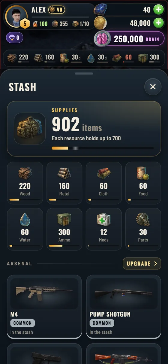 Arsenal: 3D weapon cards with rarity and power